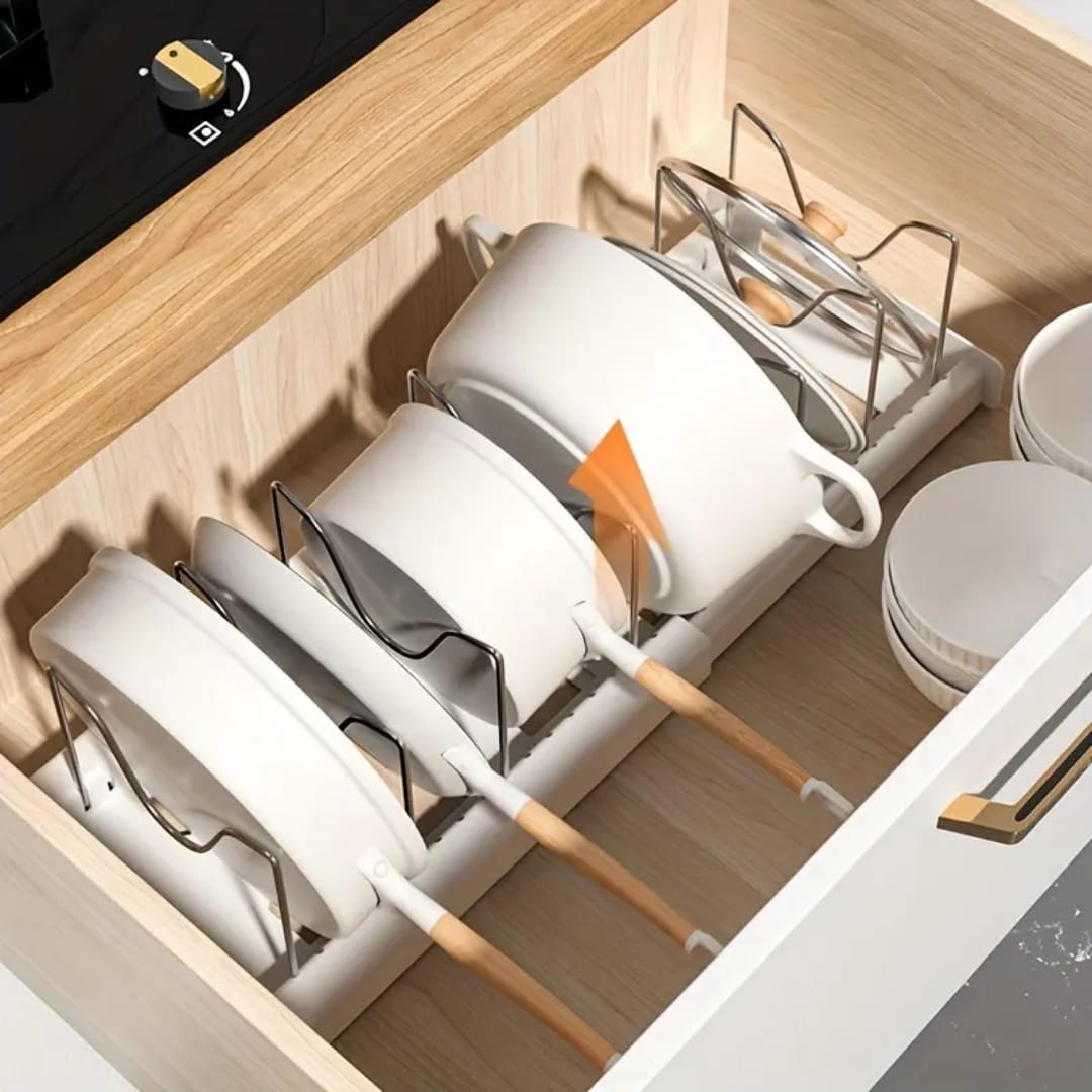 Expandable Pot & Pan Organizer with Adjustable U-Shaped Dividers – Vertical Cookware Storage for Lids, pans and tray - My Store