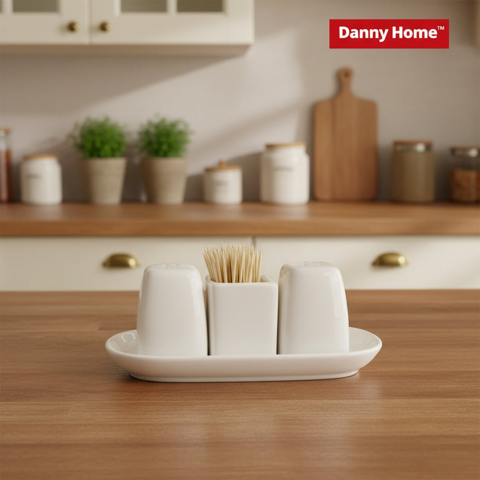 Danny Home Porcelain Salt & Pepper Shaker Set with Toothpick Holder (4-Piece Set)