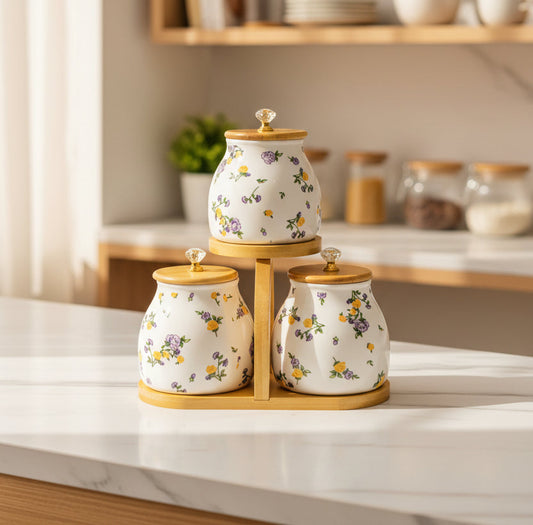 3-Piece Floral Kitchen Storage Jar Set with Wooden Stand & Crystal Lid Knobs