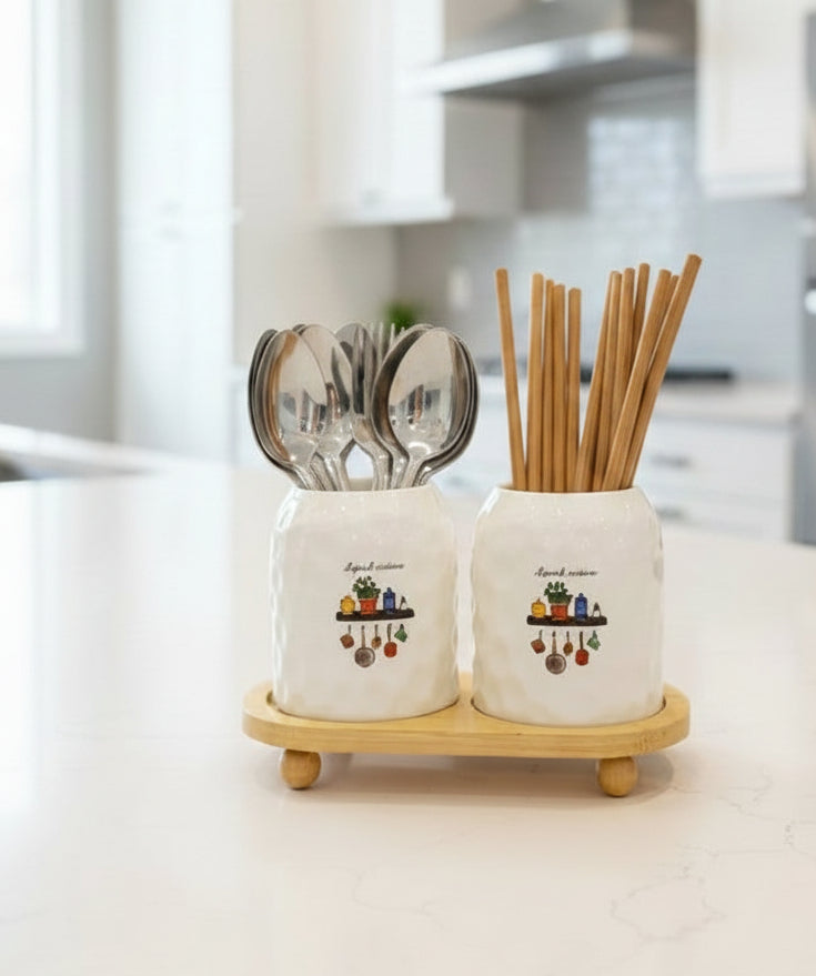 Ceramic Kitchen Canister Set with Wooden Stand (2 Pcs) - My Store
