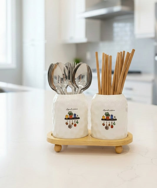 Ceramic Kitchen Canister Set with Wooden Stand (2 Pcs) - My Store