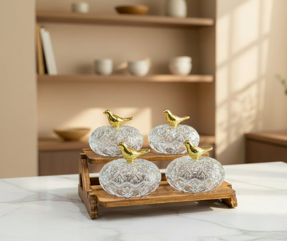 Luxury 4-Jar Crystal Treat Serving Set with Wooden Stand