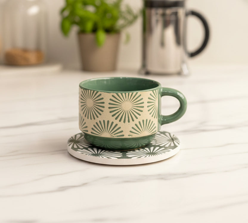Danny Home™ Embossed Ceramic Tea Cup & Saucer 6 pcs Set – 230ml