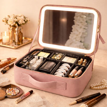 LED Smart Makeup Organizer & Travel Cosmetic Bag with LED Mirror