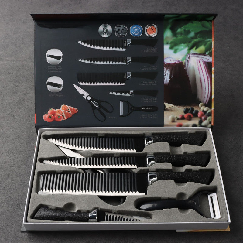 Black Wavy 6-Piece Stainless Steel Knife Set – Stylish & Durable