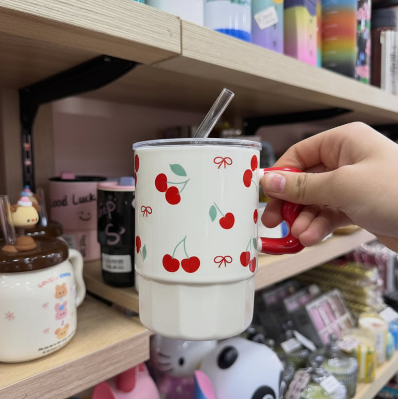 7-Inch Cherry & Ribbon Ceramic Mug with Lid & Glass Straw