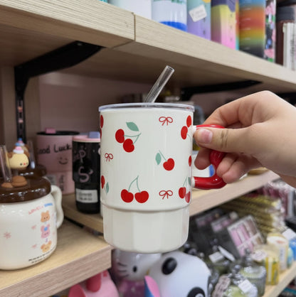 7-Inch Cherry & Ribbon Ceramic Mug with Lid & Glass Straw