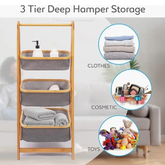2/3-Tier Natural Bamboo Storage Rack with Fabric Baskets – Foldable & Multi-Purpose