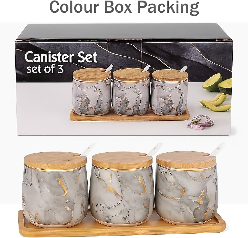 Premium Grey Aurora Marble Ceramic Condiment Jar Set – 3 Pieces (350ml Each)