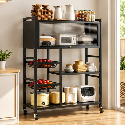Multi-Functional Kitchen Storage Rack & Organizer Cart with Fluted Glass Cabinet