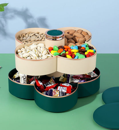 2 layer rotating dry fruit tray is a beautifully designed flower-shaped storage organizer