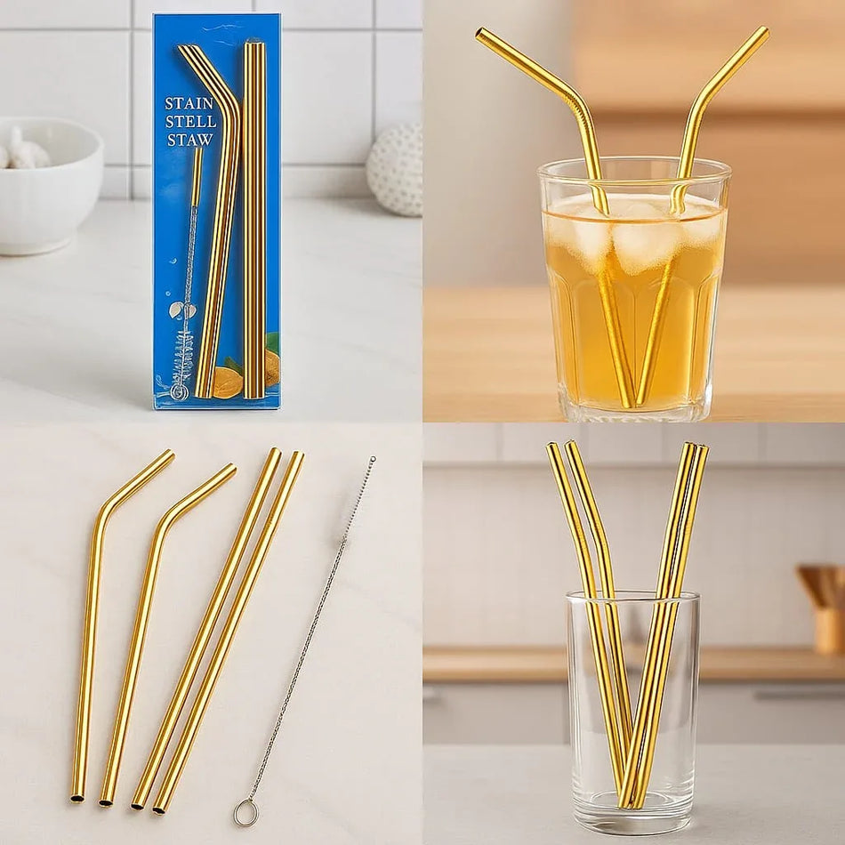 5 Pcs Stainless Steel Straw Set (Golden & Silver) - My Store