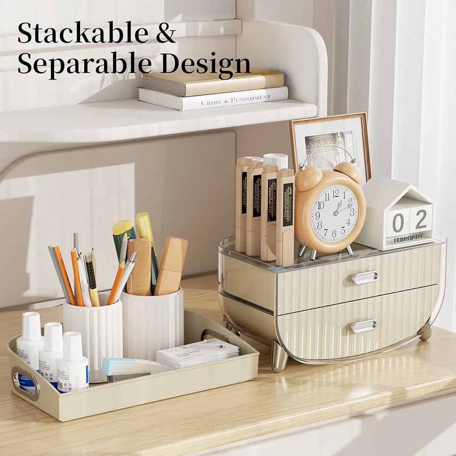 2-Tier Fluted Makeup Organizer with Drawers – Cream & Silver - My Store