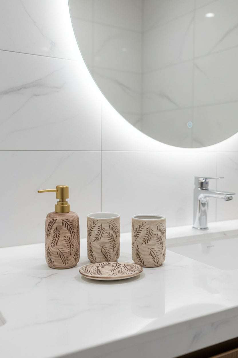 Premium 4-Piece Ceramic Bathroom Accessory Set – Textured Leaf Pattern