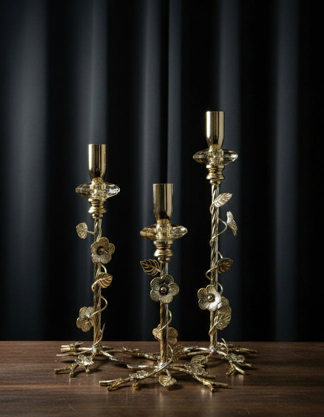 Luxury 3-Piece Floral Gold Taper Candle Holder Set - My Store