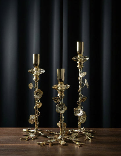 Luxury 3-Piece Floral Gold Taper Candle Holder Set - My Store
