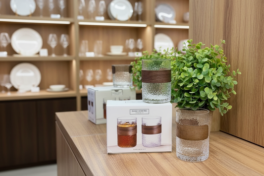 Danny Home Pro Textured Glass Cup Set with Wooden Sleeve – 2 Pieces (310ml)