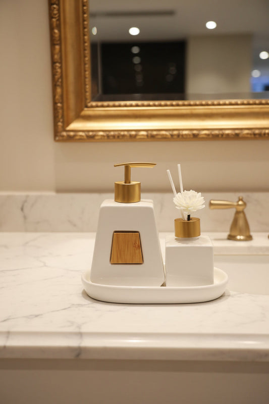 Luxury White & Gold Bathroom Accessory Set with Diffuser & Tray