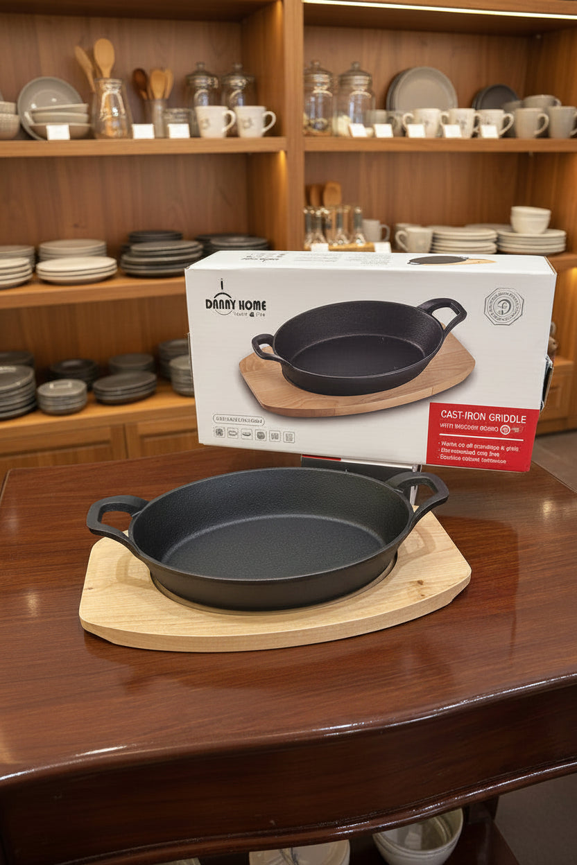 Danny Home Premium Pre-Seasoned Cast-Iron Sizzler Griddle with Wooden Board - My Store