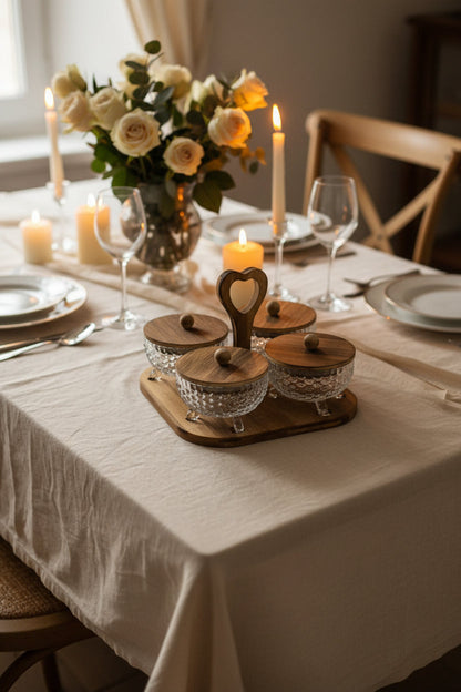 Crystal Glass Condiment Jar Set with Wooden Heart Caddy (4-Piece)