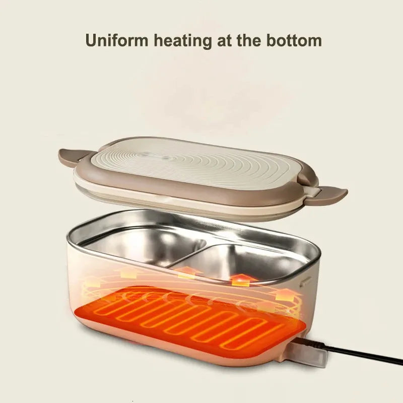 Electric Heated Lunch Box – Stainless Steel, 2-Compartment Portable Food Warmer