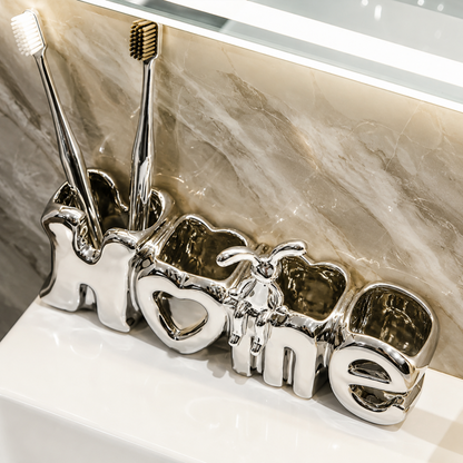 Ceramic "HOME" Bathroom Organizer & Toothbrush Holder