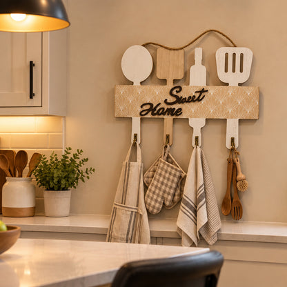 Sweet Home Wooden Wall Hanging Cutlery Rack with Hooks