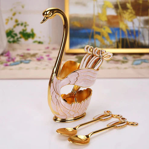 Royal Bow Knot Enamel Swan Spoon Holder Set