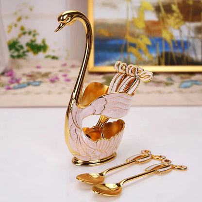 Royal Bow Knot Enamel Swan Spoon Holder Set