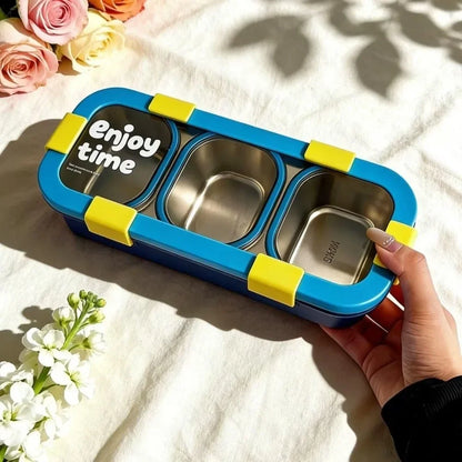 Stainless Steel 3-Compartment Bento Lunch Box with Hidden Cutlery Drawer