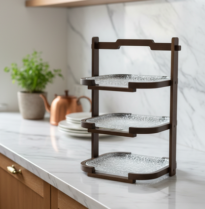 Walnut Elegance 3-Tier Glass Serving & Display Stand
