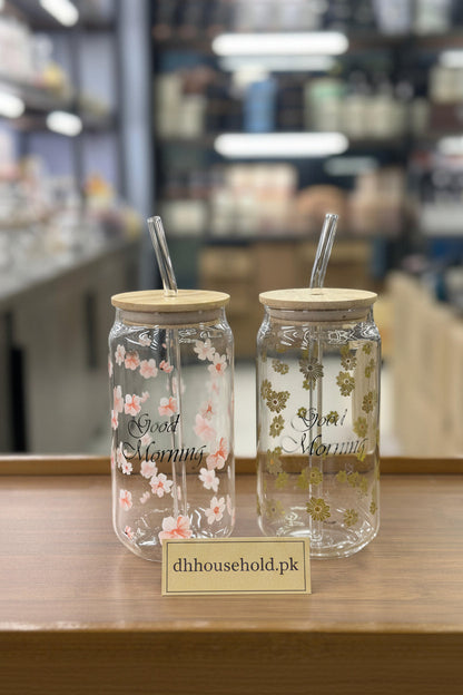 Floral Bloom Glass Tumbler with Bamboo Lid & Straw - My Store