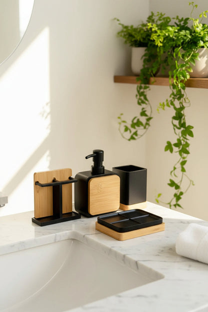 Modern Bamboo & Matte Black Bathroom Accessory Set (4-Piece)