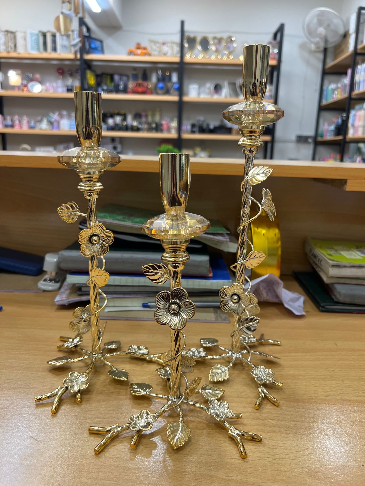 Luxury 3-Piece Floral Gold Taper Candle Holder Set - My Store