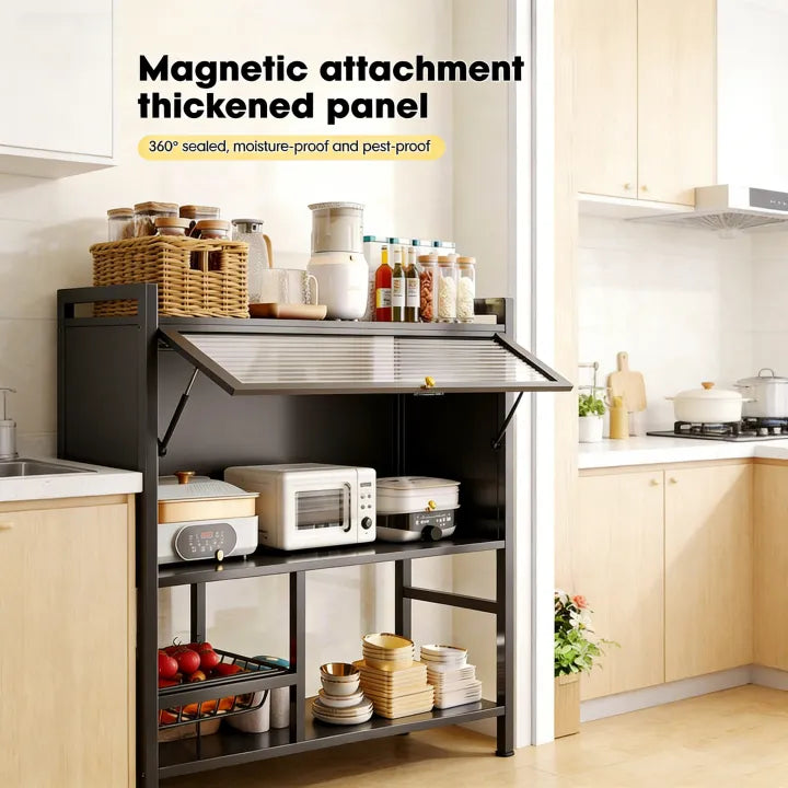Multi-Functional Kitchen Storage Rack & Organizer Cart with Fluted Glass Cabinet