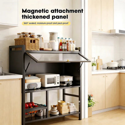 Multi-Functional Kitchen Storage Rack & Organizer Cart with Fluted Glass Cabinet