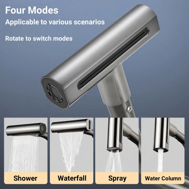 4-in-1 Waterfall Kitchen Faucet Extender – 360° Rotating Multi-Spray Tap Attachment