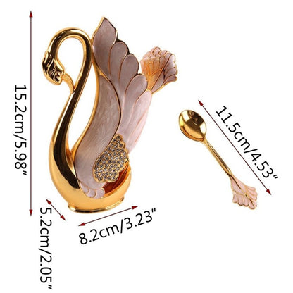 Elegance Enamel Swan Cutlery Holder with 6 Spoons