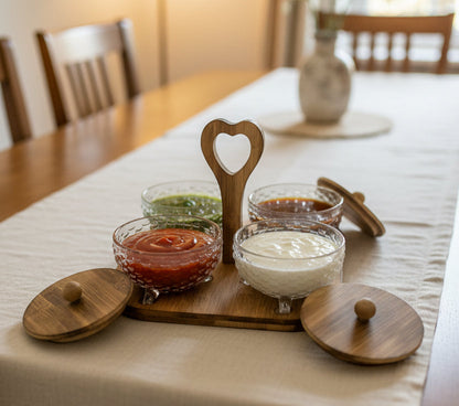 Crystal Glass Condiment Jar Set with Wooden Heart Caddy (4-Piece)