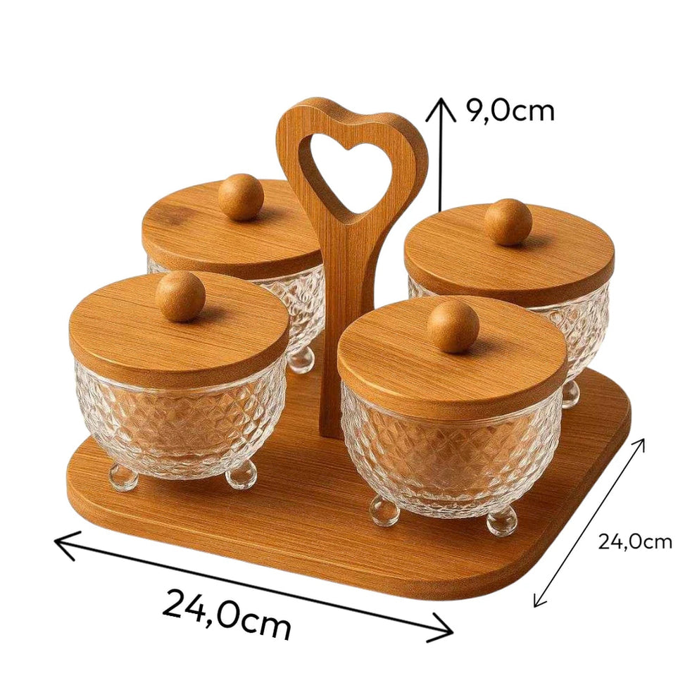 Crystal Glass Condiment Jar Set with Wooden Heart Caddy (4-Piece)