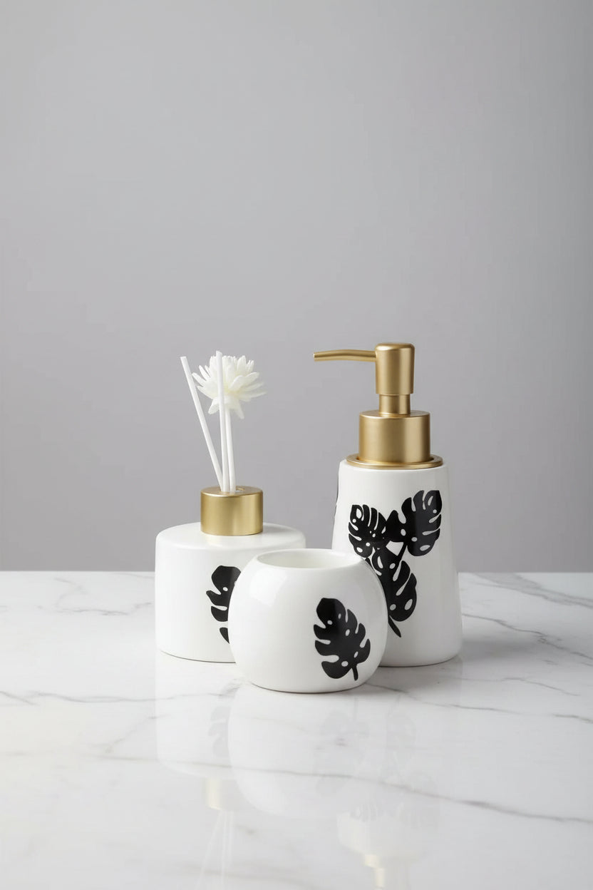 Monstera Ceramic Bathroom & Aroma Vanity Set (BP-14)