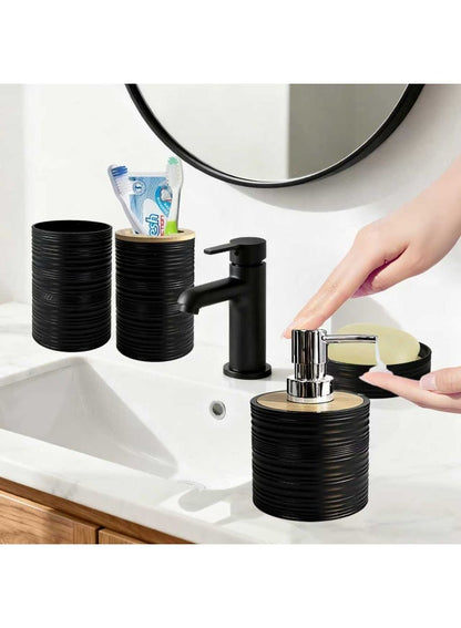 Modern 6-Piece Bathroom Accessories Set – Matte Black & Bamboo