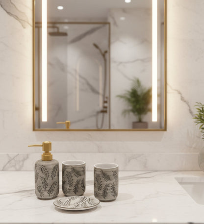 Premium 4-Piece Ceramic Bathroom Accessory Set – Textured Leaf Pattern