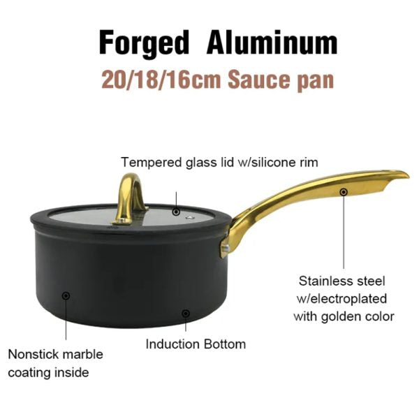 Danny Home Premium Non-Stick Forged Aluminum Saucepan with Tempered Glass Lid (Gold Handle Series) - My Store