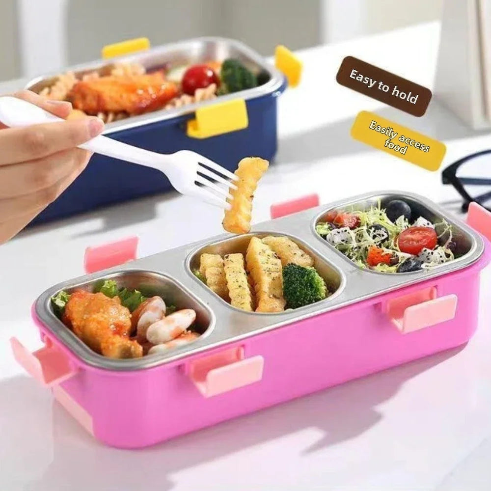Stainless Steel 3-Compartment Bento Lunch Box with Hidden Cutlery Drawer