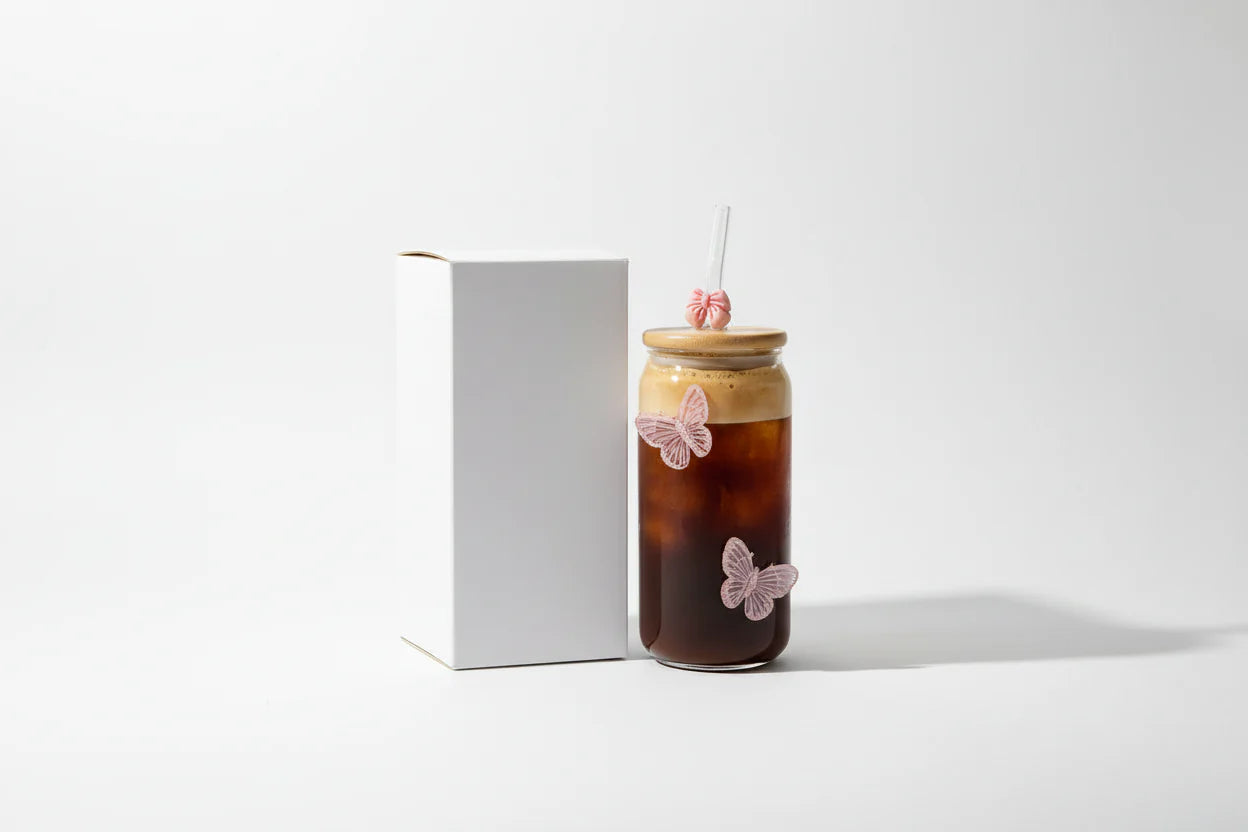 Generic Aesthetic Glass Tumbler with Straw – Pink Butterfly Design (550ml)