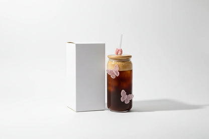 Generic Aesthetic Glass Tumbler with Straw – Pink Butterfly Design (550ml)