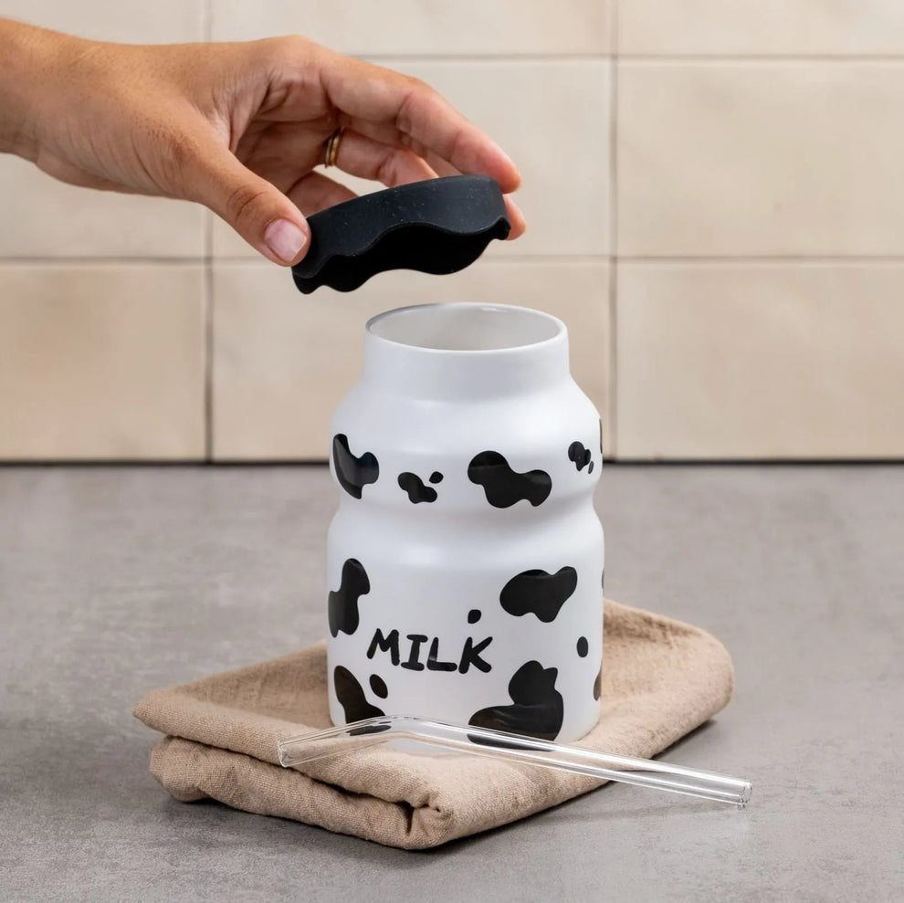 Ceramic Cow Print Milk Bottle Tumbler with Silicone Lid & Glass Straw