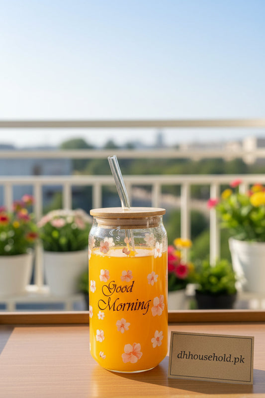 Floral Bloom Glass Tumbler with Bamboo Lid & Straw - My Store