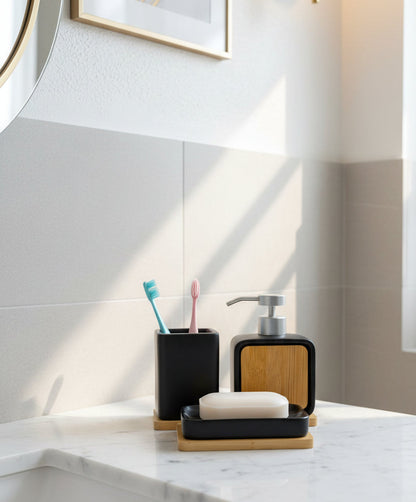 Luxury Minimalist 3-Piece Bathroom Accessory Set with Bamboo Accents